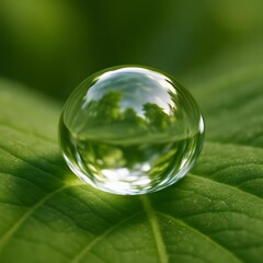 A single crystal-clear droplet of water resting on a fresh green leaf, captured in extreme macro photography. The droplet reflects the surrounding nature like a tiny lens