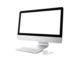 Sleek silver all-in-one desktop computer with blank screen and matching wireless keyboard; angled view