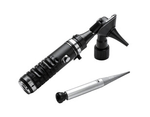 Black otoscope with a slender, metallic speculum, featuring a textured body and adjustable head
