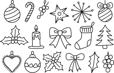 Christmas line art icons set, holiday symbols outline, festive decorations, black and white vector illustration, coloring page