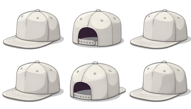 Six Gray Snapback Caps Front and Back Views Isolated on White
