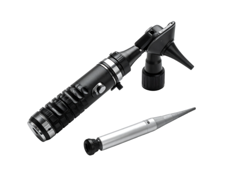 Black otoscope with a slender, metallic speculum, featuring a textured body and adjustable head