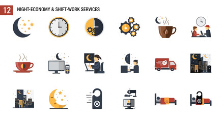 Night Economy and Shift Work Services Flat Icons Collection.