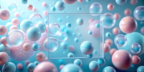 Abstract background of floating spheres and bubbles with a glass square