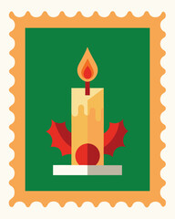 Festive christmas candle with holly and flame, designed as a postage stamp, evoking holiday cheer and celebration
