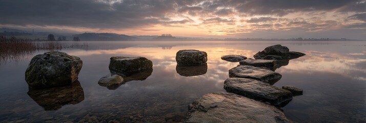 Serene Landscape of Calm Lake with Large Rocks During Sunset with Cloudy Sky
