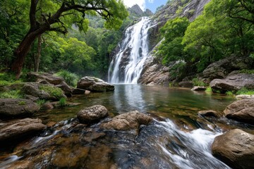 Fototapeta premium Waterfall cascading into a rocky pool in a lush forest