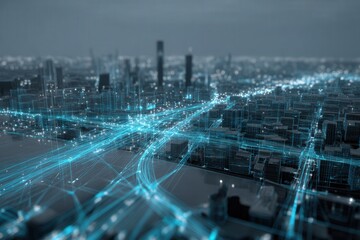 Smart city interface connecting infrastructure layers, pale cyan and iron gray, clean digital twin composition 