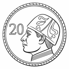 Black and white line art illustration of a coin featuring a profile portrait and the number twenty