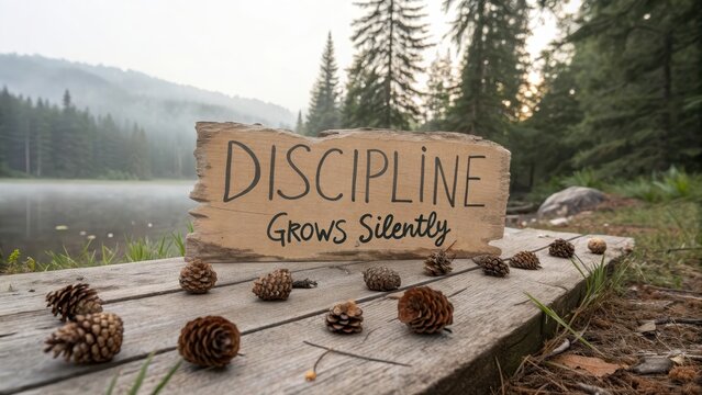 Inspirational Wooden Sign on Dock Surrounded by Nature and Pinecones