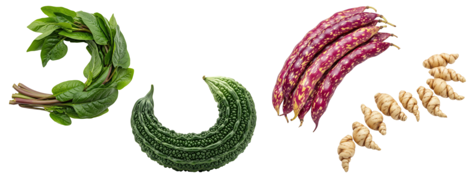 A collection of fresh and exotic vegetables, including spinach, bitter melon, beans, and oca tubers
