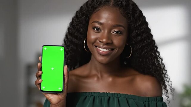 Joyful african american woman presents a green screen phone with a radiant smile