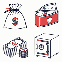 Collection of isometric financial icons including a money bag wallet with cash stack of banknotes and coins and a safe