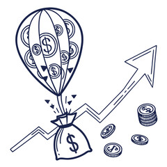 Conceptual illustration of financial growth and success represented by a hot air balloon filled with money ascending a rising graph line