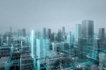 Smart city interface connecting infrastructure layers, pale cyan and iron gray, clean digital twin composition 