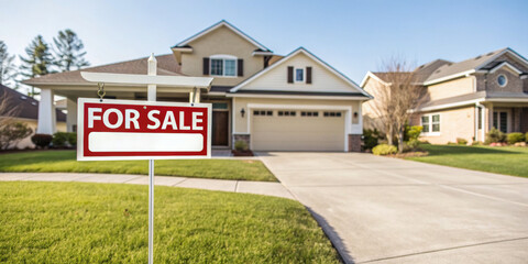 For sale sign on green lawn in front of house. This real estate sale represents difficult housing market and economic challenges of recession with sense of unease