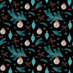 Christmas seamless pattern with teal fir branches and toys. Retro Christmas background. Hand drawn illustration, design for textil and packaging