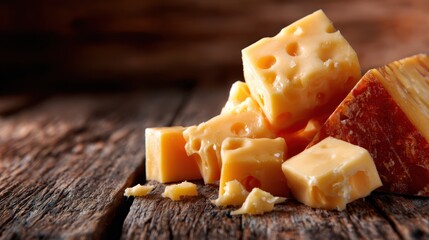 An appealing arrangement of artisanal cheese pieces on a rustic wooden surface, capturing the delightful textures and natural colors of cheese in an inviting culinary presentation.
