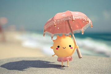 Cute Cartoon Dinosaur Holding Pink Umbrella on Beach in Sunny Weather
