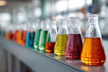 Colorful Glass Flasks Filled with Vibrant Liquids on Laboratory Workbench