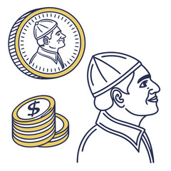 Fototapeta premium Stylized illustration of a man s profile a coin with a portrait and a stack of coins with dollar signs