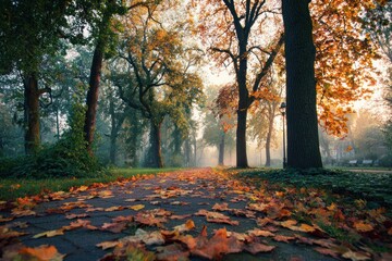 autumn park path covered in fallen leaves in soft morning light with tall trees and benches, a tranquil garden walkway suitable for park services, tourism, and lifestyle brands