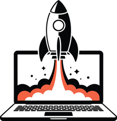 Fototapeta premium Laptop Rocket Launch Startup Business Concept with Clouds on Transparent Background Vector Image