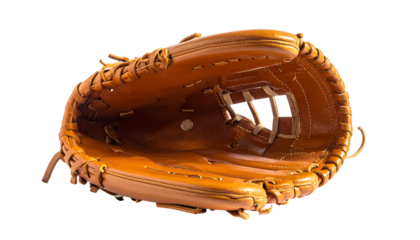 A well-worn, light brown leather baseball glove, viewed from the inside, shows intricate stitching and a slightly open design