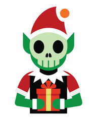 A cartoon skeleton elf wearing a santa hat and holding a christmas gift