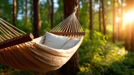 A peaceful hammock nestled among lush green trees, illuminated by warm sunlight, creating an idyllic setting for relaxation, tranquility, and enjoyment of nature.