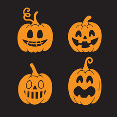 Orange pumpkins with spooky faces on black background