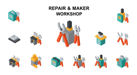 Fototapeta premium Repair and Maker Workshop Isometric Icons Set - Tools, Equipment, and Supplies for DIY Projects.