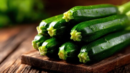 These vibrant zucchinis, freshly harvested, sit beautifully on a rustic surface, showcasing their rich green color and texture, ideal for organic culinary creations.