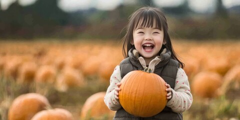 Child holding pumpkins girl outdoors smiling.