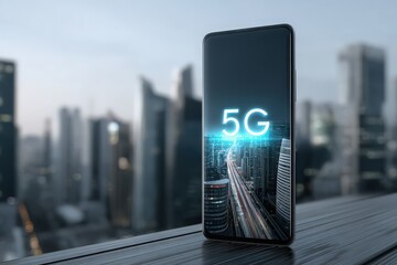 Smartphone showing 5G signal strength over urban skyline, graphite and sky blue, modern tech style 