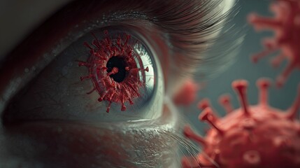 Close-up of Human Eye with Red Virus Particles in Reflection