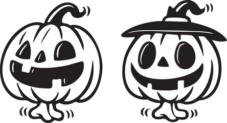 Dancing pumpkins with witch hat in cartoon style