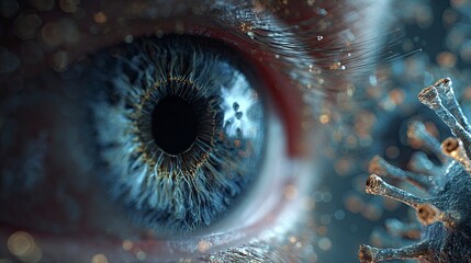 Close-up of Human Eye with Reflection of Virus Particles in Bright Lighting