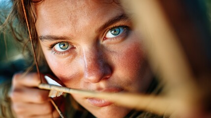 This intense close-up image of a woman focusing on her bow and arrow highlights strength, determination, and the spirit of adventure, drawing viewers into a powerful narrative.