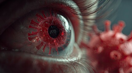 Close Up Human Eye with Virus Particles in Reflection Showing Infection and Disease Concept