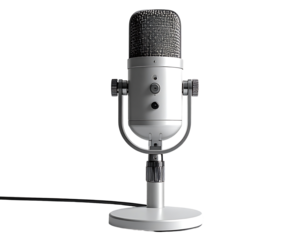 Sleek, silver condenser microphone on a small, circular base with a wired connection.  Gain and mute controls visible