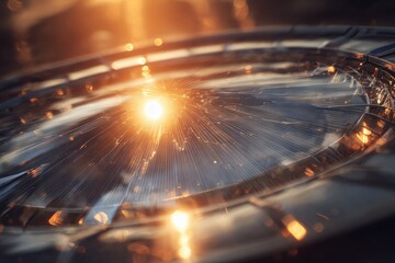 Solar concentrator reflecting sunlight onto central receiver, warm silver and pale orange, crisp lens effect