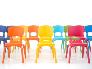 Colorful plastic chairs lined up against a white background