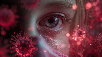 Close Up of Child's Eye with Red Virus Particles in Digital Illustration Style