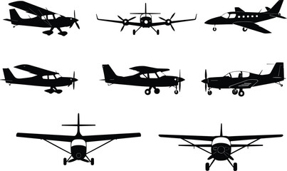 Airplane silhouettes set, small aircraft, aviation icons, single engine plane, twin engine aircraft, jet silhouette, propeller plane, flying vehicle illustration © Santo's World
