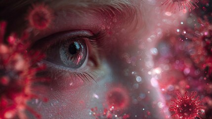 Close Up Human Eye with Viral Particles in Red and Pink Colors for Medical and Healthcare Themes
