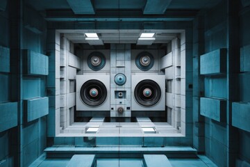 Sound frequency measurement gear in acoustic chamber, pale gray and deep cyan, symmetrical framing 