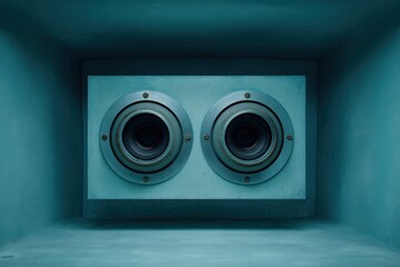 Sound frequency measurement gear in acoustic chamber, pale gray and deep cyan, symmetrical framing 
