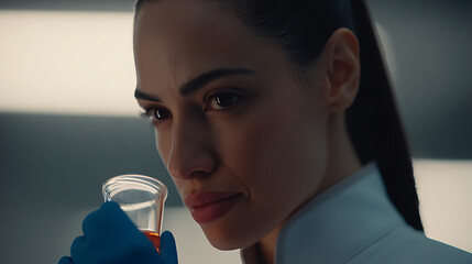 Scientist examining a test tube containing orange liquid in a laboratory setting