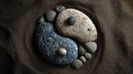 Yin Yang Stones on Dark Sand with Small Pebbles in Natural Setting